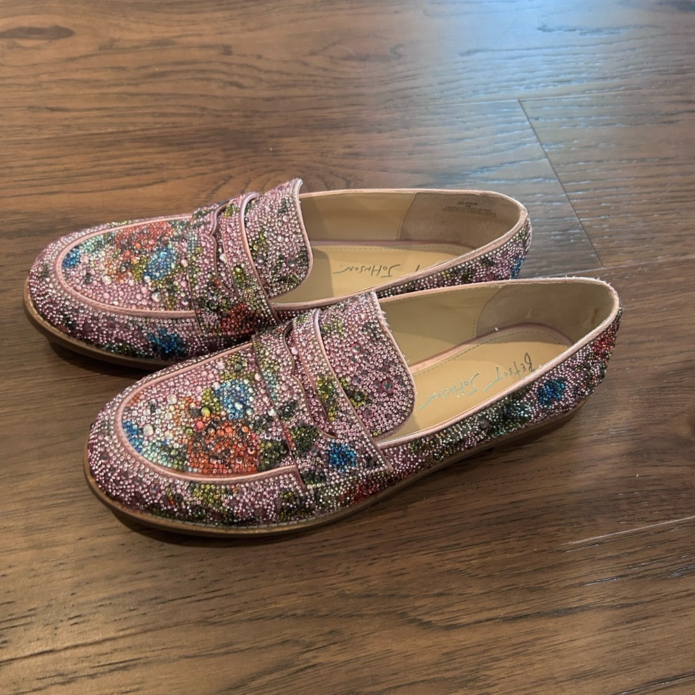Betsey Johnson Pink and Blue Beaded Loafers like new.  Worn inside only 2 hours